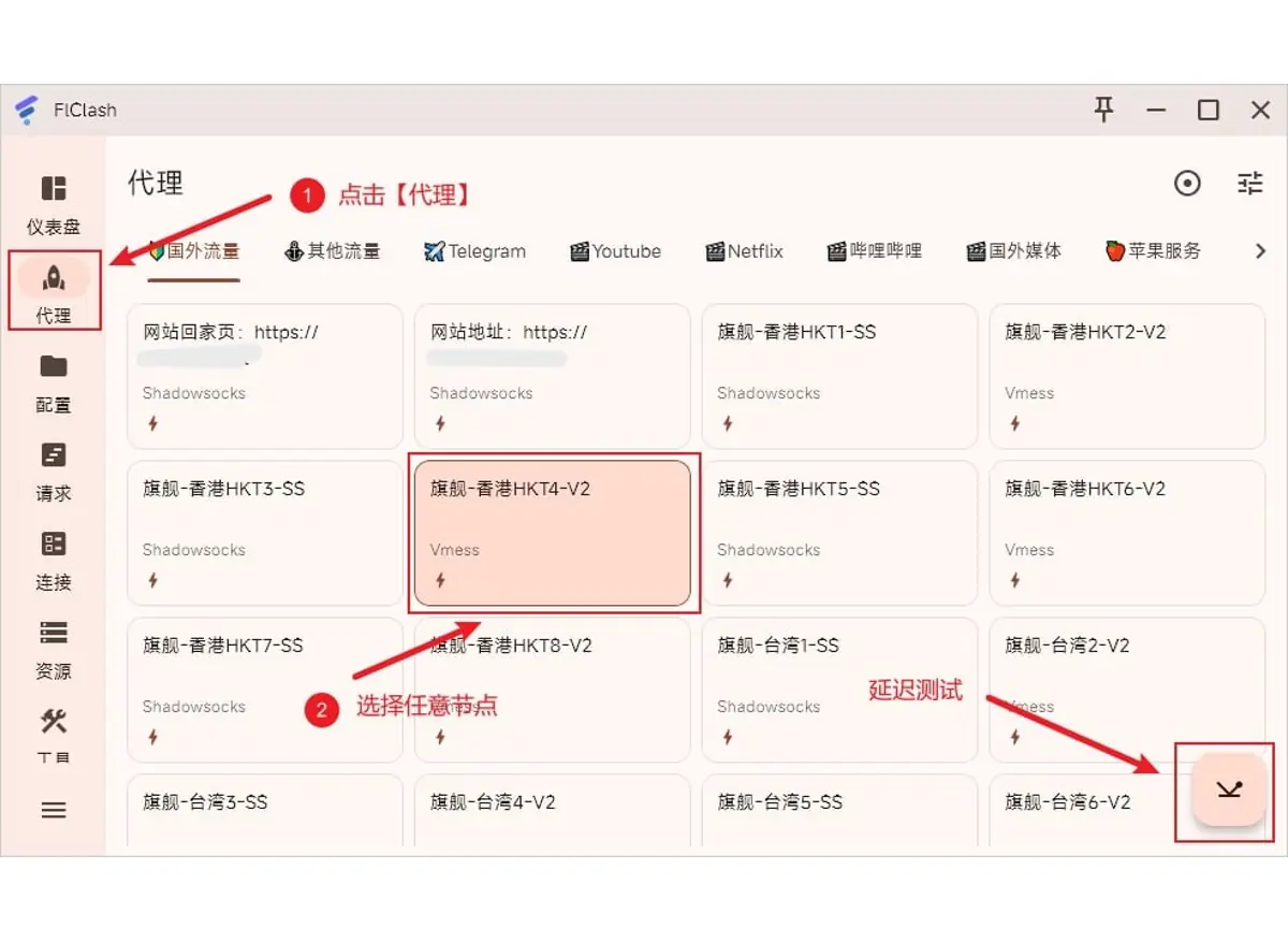 FlClash 代理页节点列表，按用途分组并可一键测延迟