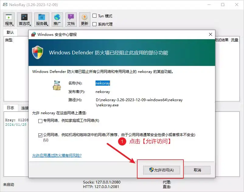 Windows Defender 防火墙询问是否允许 NekoRay 访问网络