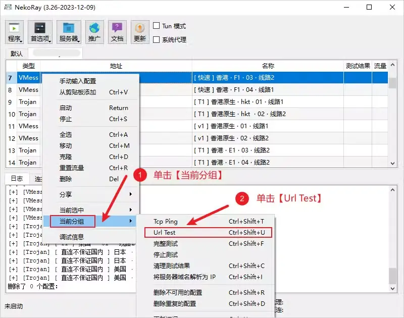 NekoRay 右键菜单对当前分组执行 Url Test 延迟测速