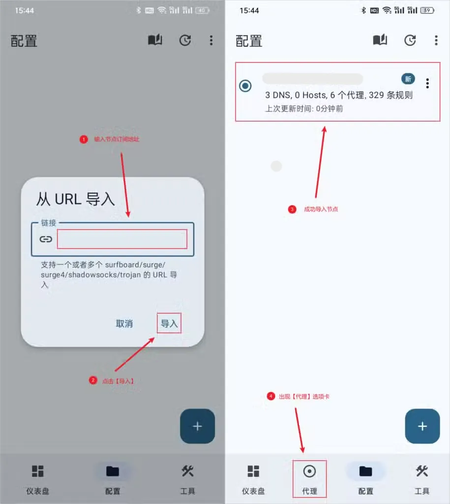 Surfboard 从 URL 导入订阅后配置卡片显示代理数量与规则条数