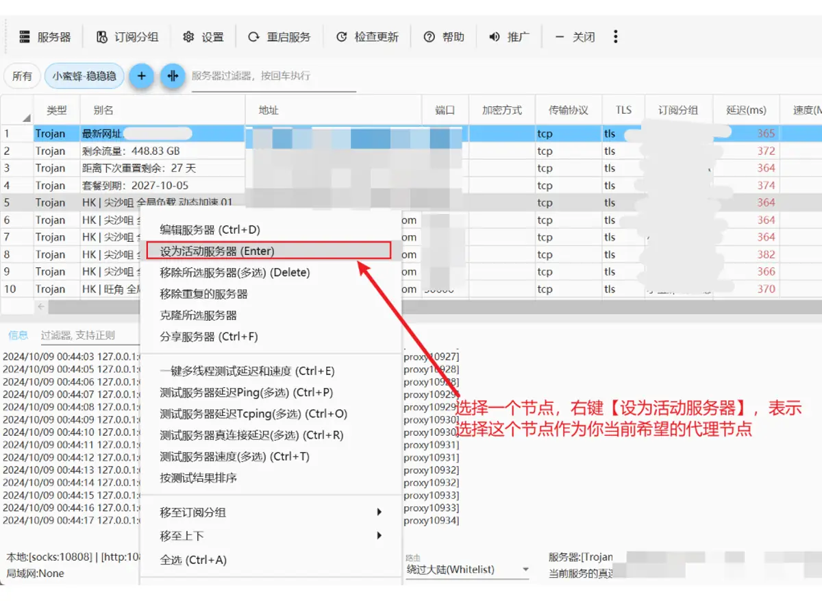 v2rayN 右键菜单将选中节点设为活动服务器