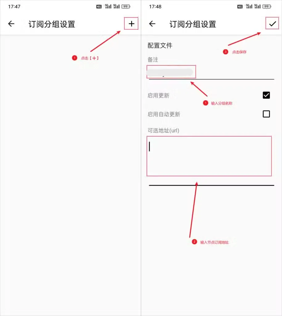 v2rayNG 订阅分组设置填写备注与订阅地址 url