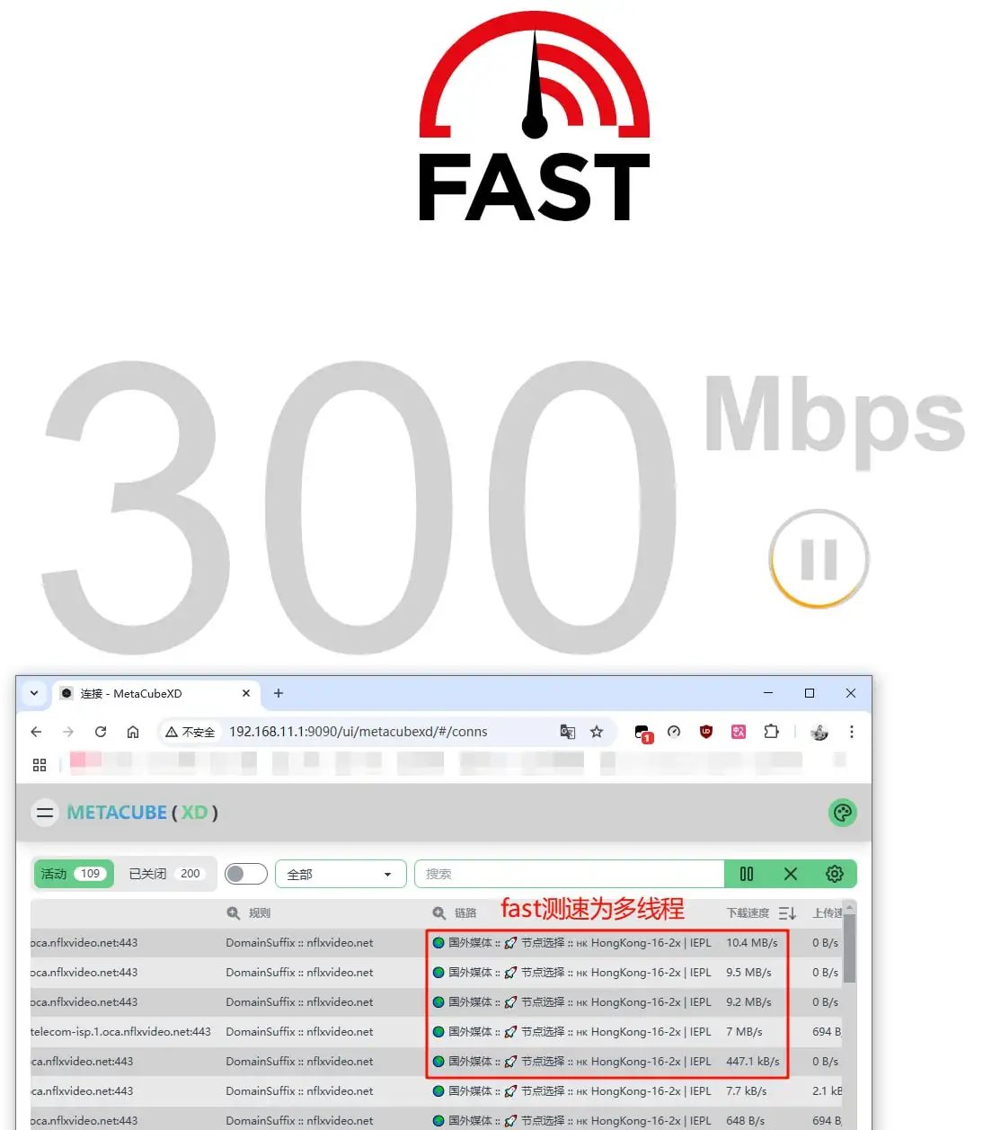 Fast.com 测速 300 Mbps 时的连接面板，同时有多条并发下载连接