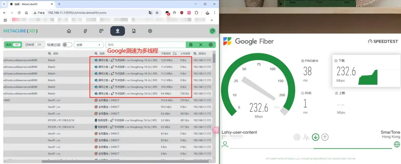 Google Fiber 测速 232.6 Mbps 时连接面板显示六条并发连接
