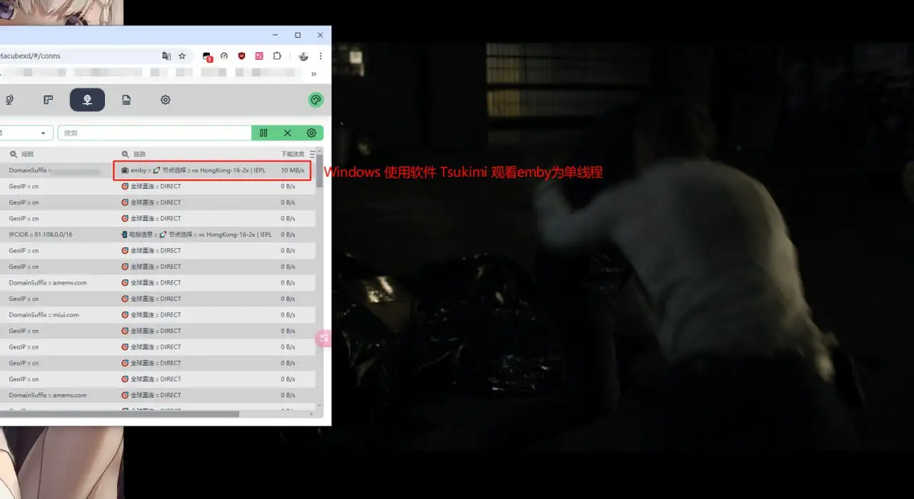 Windows 上用 Tsukimi 观看 Emby 时只有一条连接在传输