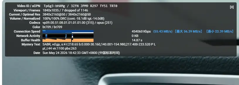 油猴脚本把 YouTube 统计信息里的速度转换成 MB/s 并显示最高最低值